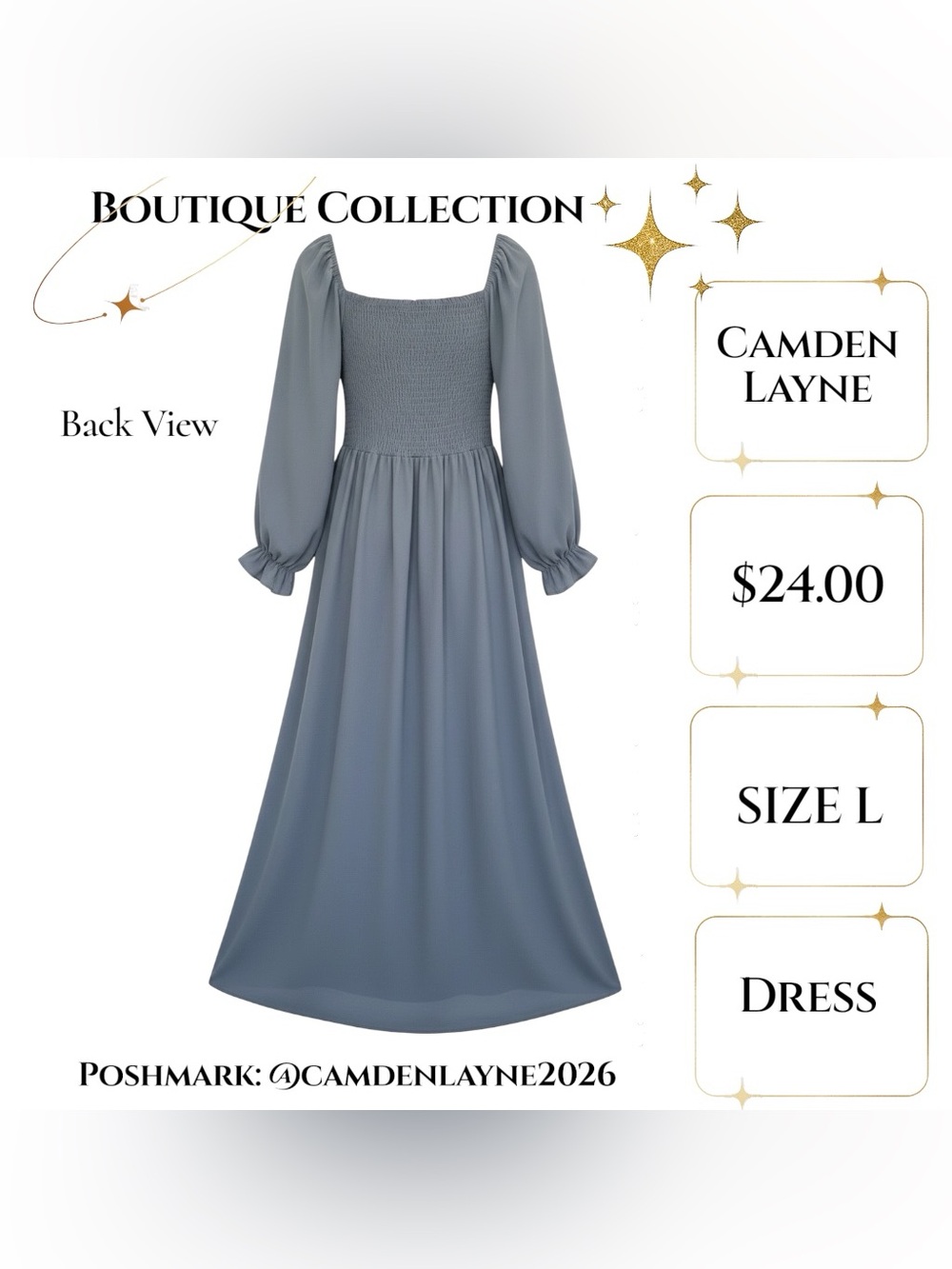 Camden Layne Smocked Square-Neck Midi Dress in Dusty Blue - Picture 6 of 7